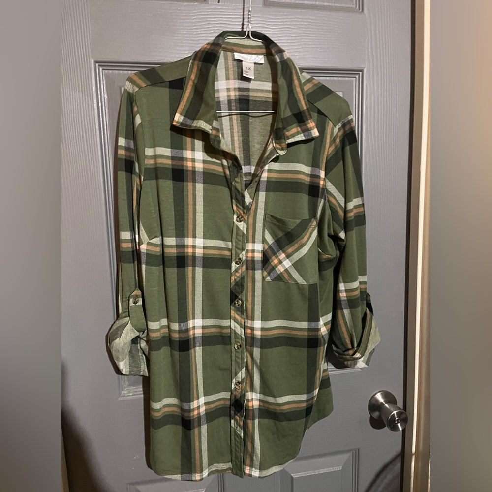 Cute Olive and tan plaid button down shirt size 1x - Picture 2 of 6